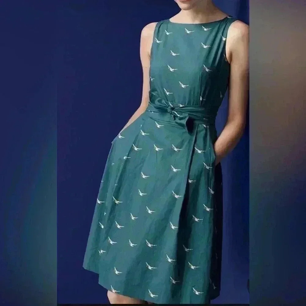 L.L. Bean Teal Green Sleeveless Midi Dress with Bird Print